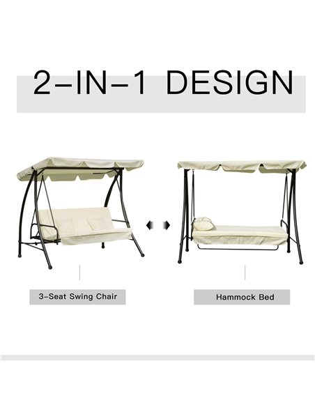 Outsunny 3 Seater Swing Chair 2-in-1 Hammock Bed Patio Garden Chair with Adjustable Canopy and Cushions, Cream White - pic 11874 | FastDaddyshop