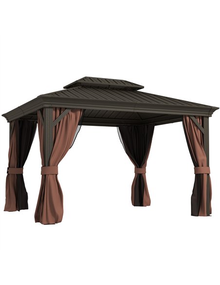 Outsunny 3 x 3.7m Outdoor Hardtop Gazebo Canopy Aluminium Frame with 2-Tier Roof & Mesh Netting Sidewalls for Patio, Dark Brown - pic 118749 | FastDaddyshop