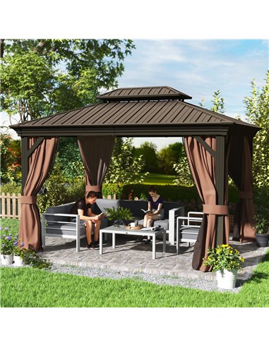 Outsunny 3 x 3.7m Outdoor Hardtop Gazebo Canopy Aluminium Frame with 2-Tier Roof & Mesh Netting Sidewalls for Patio, Dark Brown