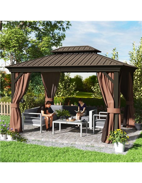 Outsunny 3 x 3.7m Outdoor Hardtop Gazebo Canopy Aluminium Frame with 2-Tier Roof & Mesh Netting Sidewalls for Patio, Dark Brown - pic 118750 | FastDaddyshop