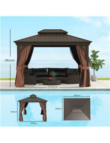 Outsunny 3 x 3.7m Outdoor Hardtop Gazebo Canopy Aluminium Frame with 2-Tier Roof & Mesh Netting Sidewalls for Patio, Dark Brown