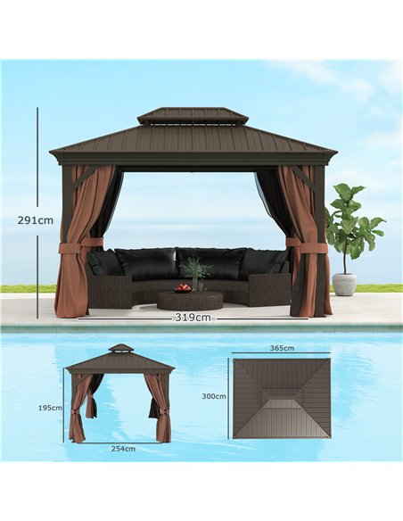 Outsunny 3 x 3.7m Outdoor Hardtop Gazebo Canopy Aluminium Frame with 2-Tier Roof & Mesh Netting Sidewalls for Patio, Dark Brown - pic 118751 | FastDaddyshop