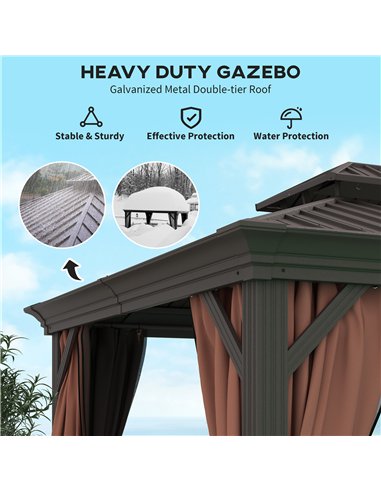 Outsunny 3 x 3.7m Outdoor Hardtop Gazebo Canopy Aluminium Frame with 2-Tier Roof & Mesh Netting Sidewalls for Patio, Dark Brown