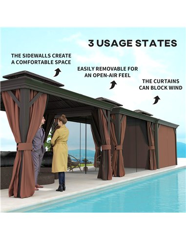 Outsunny 3 x 3.7m Outdoor Hardtop Gazebo Canopy Aluminium Frame with 2-Tier Roof & Mesh Netting Sidewalls for Patio, Dark Brown