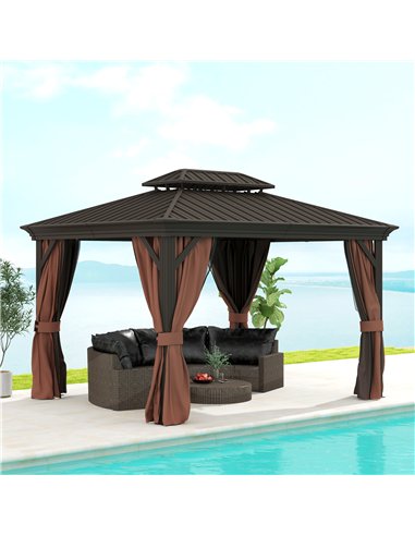 Outsunny 3 x 3.7m Outdoor Hardtop Gazebo Canopy Aluminium Frame with 2-Tier Roof & Mesh Netting Sidewalls for Patio, Dark Brown