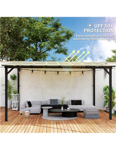 Outsunny 3 x 4.3m Metal Pergola with UPF 50+ and Waterproof Polycarbonate Roof, Wall-Mounted or Free Standing Garden Gazebo, Win