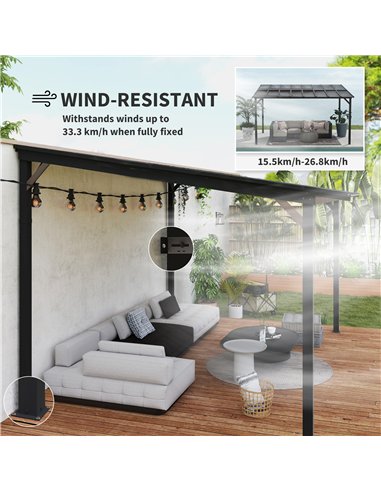 Outsunny 3 x 4.3m Metal Pergola with UPF 50+ and Waterproof Polycarbonate Roof, Wall-Mounted or Free Standing Garden Gazebo, Win