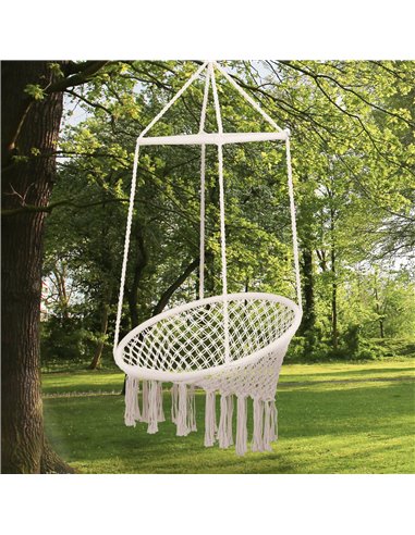 Outsunny Hammock Macrame Swing Chair Hanging Seat Rope Tassels Indoor Outdoor Garden Solid Knitted Woven Net Seat Deck Porch Yar