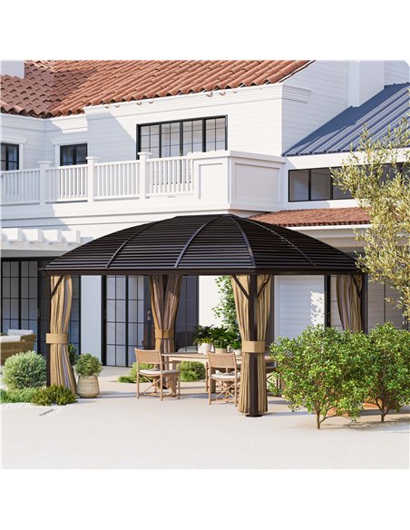 Outsunny 3 x 4m Hardtop Gazebo Canopy with Metal Roof, Aluminium Gazebo Permanent Pavilion with Netting and Curtains, Brown - pic 118984 | FastDaddyshop