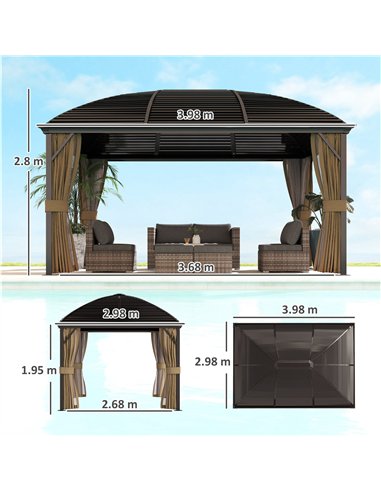 Outsunny 3 x 4m Hardtop Gazebo Canopy with Metal Roof, Aluminium Gazebo Permanent Pavilion with Netting and Curtains, Brown