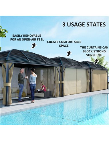 Outsunny 3 x 4m Hardtop Gazebo Canopy with Metal Roof, Aluminium Gazebo Permanent Pavilion with Netting and Curtains, Brown