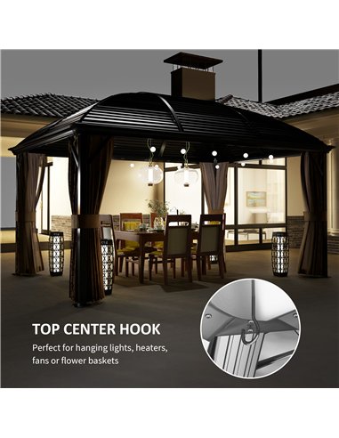 Outsunny 3 x 4m Hardtop Gazebo Canopy with Metal Roof, Aluminium Gazebo Permanent Pavilion with Netting and Curtains, Brown