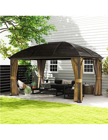 Outsunny 3 x 4m Hardtop Gazebo Canopy with Metal Roof, Aluminium Gazebo Permanent Pavilion with Netting and Curtains, Brown