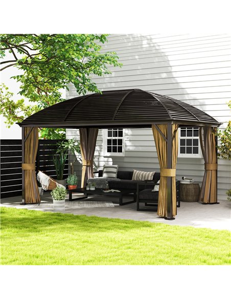 Outsunny 3 x 4m Hardtop Gazebo Canopy with Metal Roof, Aluminium Gazebo Permanent Pavilion with Netting and Curtains, Brown - pic 118991 | FastDaddyshop