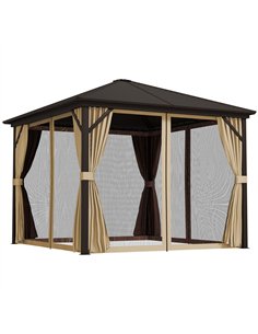 Outsunny 3 x 3(m) Metal Hardtop Gazebo, with Curtains and Accessories - Brown