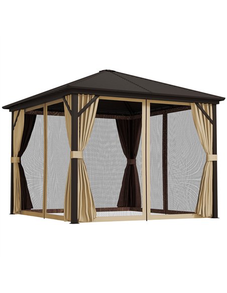 Outsunny 3 x 3(m) Metal Hardtop Gazebo, with Curtains and Accessories - Brown - pic 118992 | FastDaddyshop