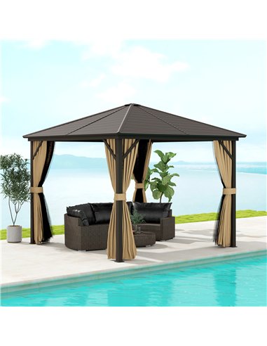 Outsunny 3 x 3(m) Metal Hardtop Gazebo, with Curtains and Accessories - Brown