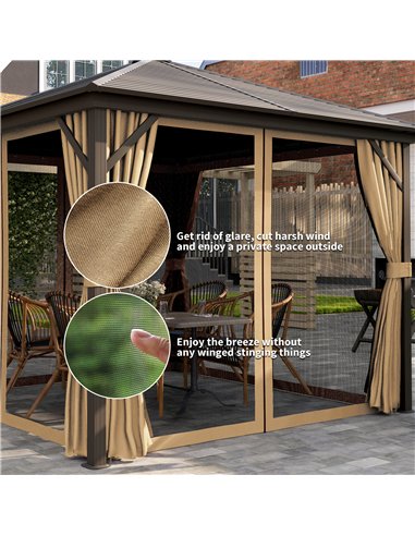 Outsunny 3 x 3(m) Metal Hardtop Gazebo, with Curtains and Accessories - Brown