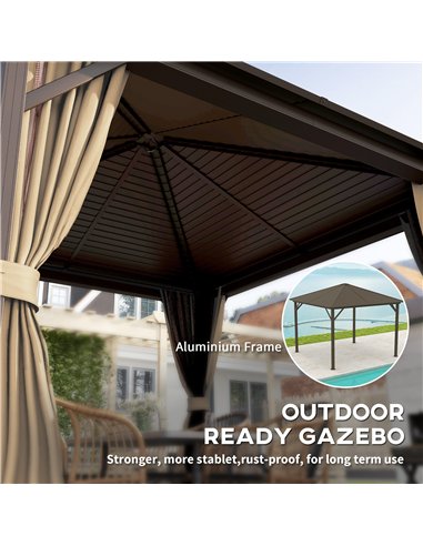 Outsunny 3 x 3(m) Metal Hardtop Gazebo, with Curtains and Accessories - Brown