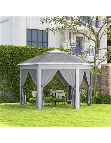 Outsunny 3 x 4m Garden Gazebo Hexagon Pop Up Party Tent Canopy Double Roof Instant Shelter with Netting and Carry Bag for Outdoo