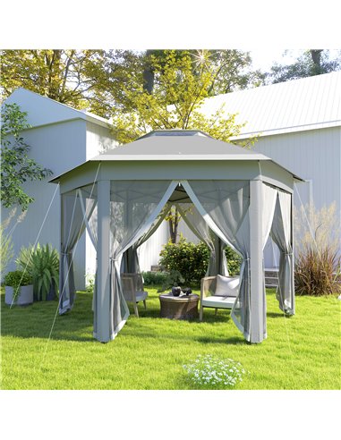 Outsunny 3 x 4m Garden Gazebo Hexagon Pop Up Party Tent Canopy Double Roof Instant Shelter with Netting and Carry Bag for Outdoo