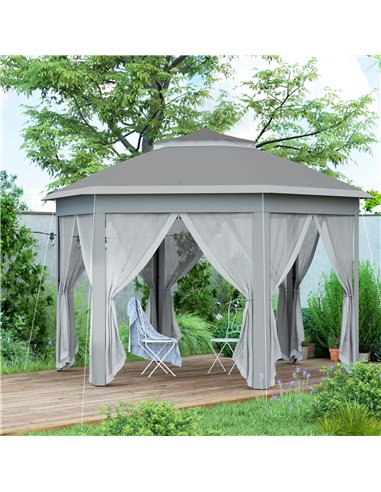 Outsunny 3 x 4m Garden Gazebo Hexagon Pop Up Party Tent Canopy Double Roof Instant Shelter with Netting and Carry Bag for Outdoo
