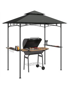 Outsunny 8' x 5' Grill Gazebo, Double Tiered BBQ Gazebo Shelter Canopy with LED Lights, 2 Side Shelves, Hooks, Dark Grey