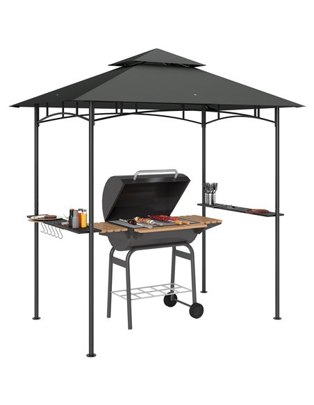 Outsunny 8' x 5' Grill Gazebo, Double Tiered BBQ Gazebo Shelter Canopy with LED Lights, 2 Side Shelves, Hooks, Dark Grey - pic 119073 | FastDaddyshop