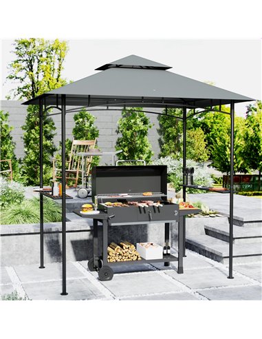 Outsunny 8' x 5' Grill Gazebo, Double Tiered BBQ Gazebo Shelter Canopy with LED Lights, 2 Side Shelves, Hooks, Dark Grey
