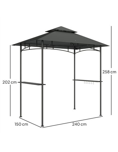 Outsunny 8' x 5' Grill Gazebo, Double Tiered BBQ Gazebo Shelter Canopy with LED Lights, 2 Side Shelves, Hooks, Dark Grey