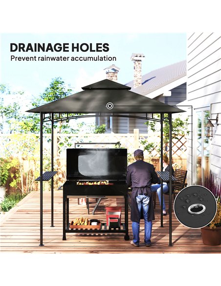 Outsunny 8' x 5' Grill Gazebo, Double Tiered BBQ Gazebo Shelter Canopy with LED Lights, 2 Side Shelves, Hooks, Dark Grey - pic 119077 | FastDaddyshop