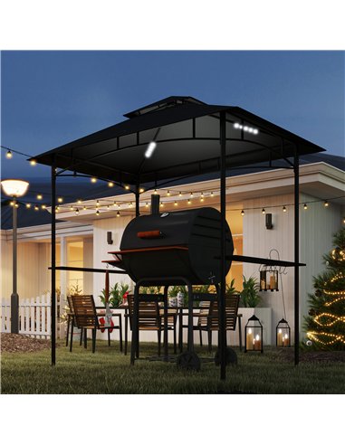 Outsunny 8' x 5' Grill Gazebo, Double Tiered BBQ Gazebo Shelter Canopy with LED Lights, 2 Side Shelves, Hooks, Dark Grey
