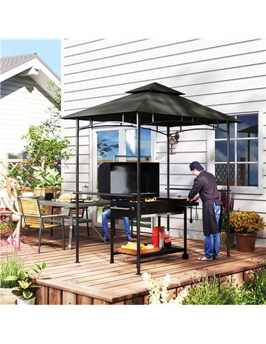 Outsunny 8' x 5' Grill Gazebo, Double Tiered BBQ Gazebo Shelter Canopy with LED Lights, 2 Side Shelves, Hooks, Dark Grey