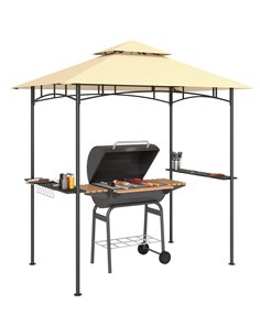 Outsunny 8' x 5' Grill Gazebo, Double Tiered BBQ Gazebo Shelter Canopy with LED Lights, 2 Side Shelves, Hooks, Beige
