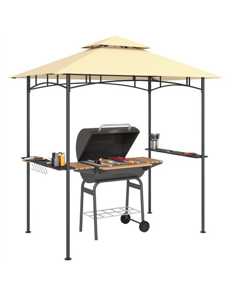 Outsunny 8' x 5' Grill Gazebo, Double Tiered BBQ Gazebo Shelter Canopy with LED Lights, 2 Side Shelves, Hooks, Beige - pic 119082 | FastDaddyshop