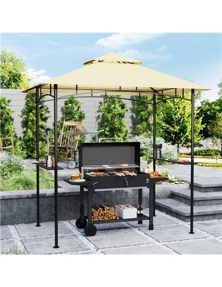 Outsunny 8' x 5' Grill Gazebo, Double Tiered BBQ Gazebo Shelter Canopy with LED Lights, 2 Side Shelves, Hooks, Beige - pic 119083 | FastDaddyshop