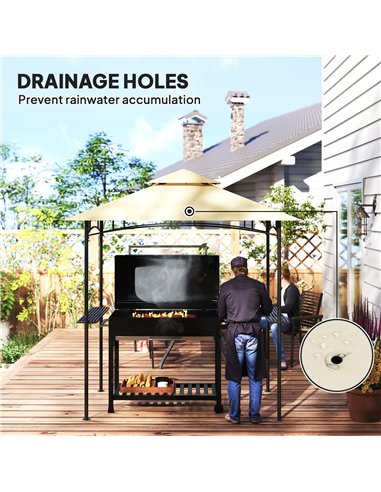 Outsunny 8' x 5' Grill Gazebo, Double Tiered BBQ Gazebo Shelter Canopy with LED Lights, 2 Side Shelves, Hooks, Beige