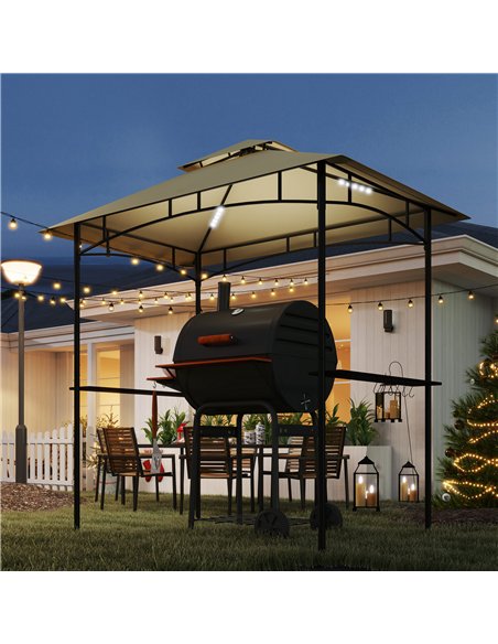 Outsunny 8' x 5' Grill Gazebo, Double Tiered BBQ Gazebo Shelter Canopy with LED Lights, 2 Side Shelves, Hooks, Beige - pic 119089 | FastDaddyshop