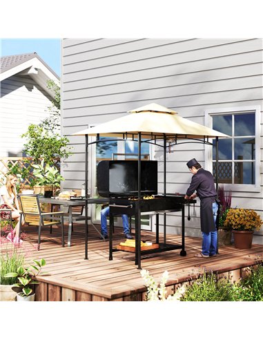 Outsunny 8' x 5' Grill Gazebo, Double Tiered BBQ Gazebo Shelter Canopy with LED Lights, 2 Side Shelves, Hooks, Beige