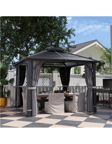 Outsunny 3 x 3(m) Hardtop Gazebo Canopy with 7mm Double Polycarbonate Roof, Garden Gazebo Permanent Pavilion with Mosquito Netti