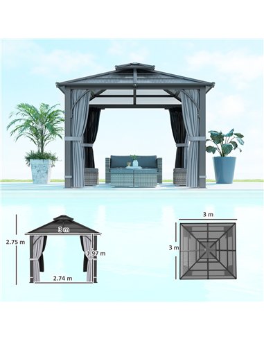 Outsunny 3 x 3(m) Hardtop Gazebo Canopy with 7mm Double Polycarbonate Roof, Garden Gazebo Permanent Pavilion with Mosquito Netti