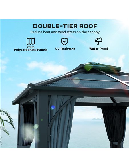 Outsunny 3 x 3(m) Hardtop Gazebo Canopy with 7mm Double Polycarbonate Roof, Garden Gazebo Permanent Pavilion with Mosquito Netti - pic 119103 | FastDaddyshop