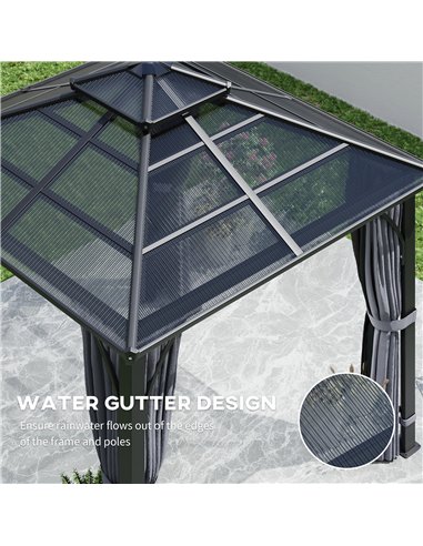 Outsunny 3 x 3(m) Hardtop Gazebo Canopy with 7mm Double Polycarbonate Roof, Garden Gazebo Permanent Pavilion with Mosquito Netti