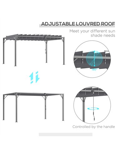 Outsunny 4 x 3(m) Outdoor Pergola with Retractable Roof, Aluminium Louvered Patio Gazebo Canopy for Lawn Garden Patio, Grey