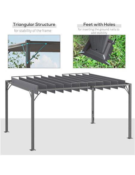 Outsunny 4 x 3(m) Outdoor Pergola with Retractable Roof, Aluminium Louvered Patio Gazebo Canopy for Lawn Garden Patio, Grey - pic 119123 | FastDaddyshop