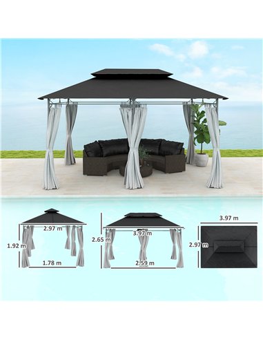 Outsunny 3 x 4m Metal Frame, Two-Tier Roof Gazebo - Dark Grey
