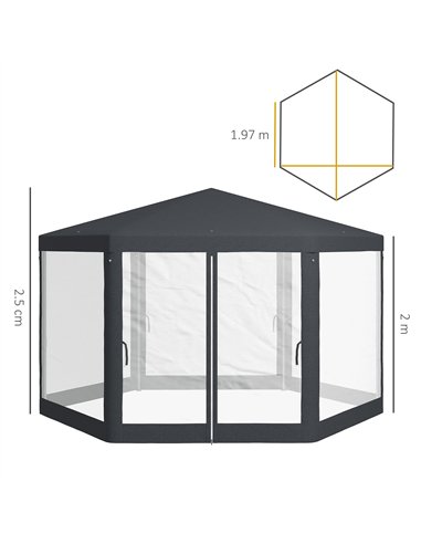 Outsunny 4M Hexagon Gazebo, Netting Party Tent, Patio Canopy Outdoor Event Shelter for Activities, Shade Resistant, Dark Grey