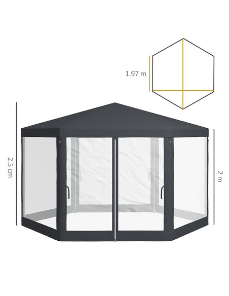 Outsunny 4M Hexagon Gazebo, Netting Party Tent, Patio Canopy Outdoor Event Shelter for Activities, Shade Resistant, Dark Grey - pic 119156 | FastDaddyshop