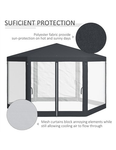 Outsunny 4M Hexagon Gazebo, Netting Party Tent, Patio Canopy Outdoor Event Shelter for Activities, Shade Resistant, Dark Grey
