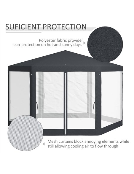 Outsunny 4M Hexagon Gazebo, Netting Party Tent, Patio Canopy Outdoor Event Shelter for Activities, Shade Resistant, Dark Grey - pic 119157 | FastDaddyshop